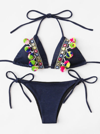 Denim Pom Pom detail 2 piece bikini swimsuit