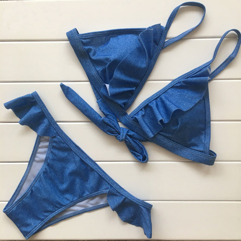 Denim ruffle 2 piece bikini swimsuit