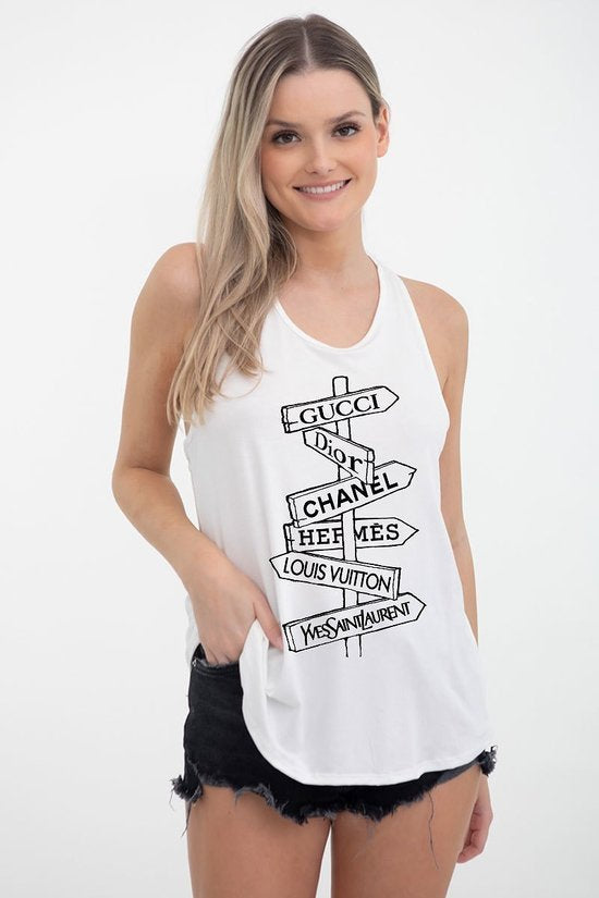 Designer inspired Street sign twisted oversize tank top