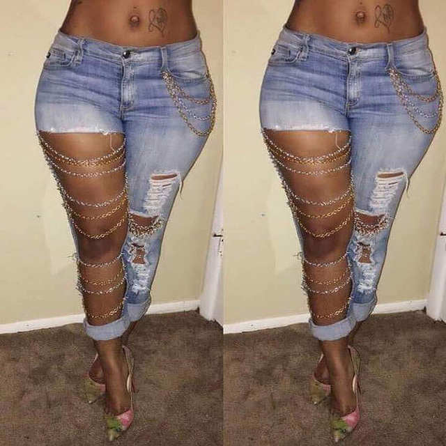 Distressed chain cutout denim jeans