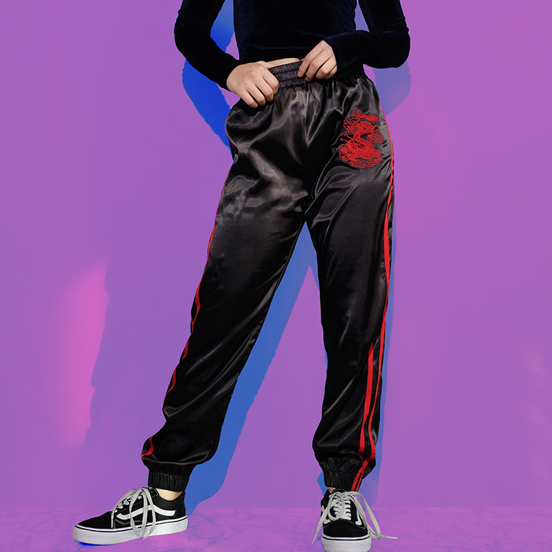 Dragon side stripe satin jogger pants