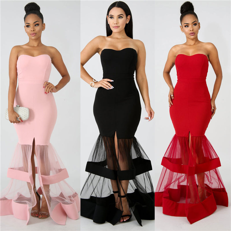 Elegant Couture Sheer mesh detail mermaid strapless evening party dress