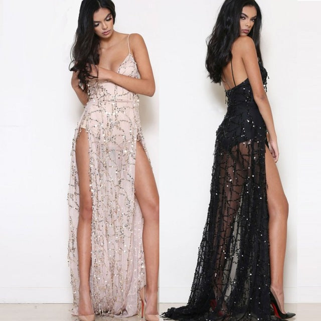 Elegant Sequins drop double high split sheer maxi dress