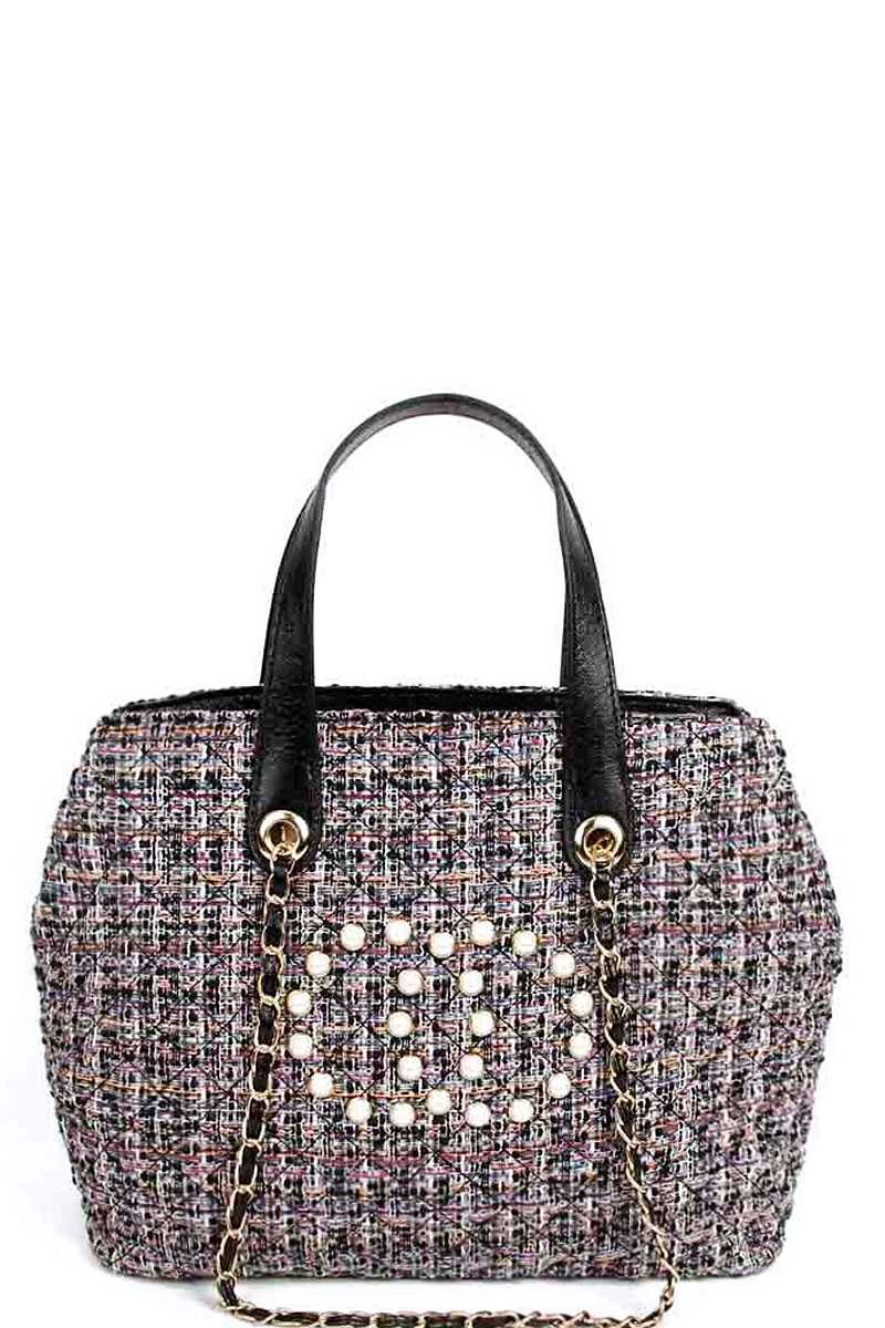 Chic Rough Fabric Woven Satchel With Linked Chain