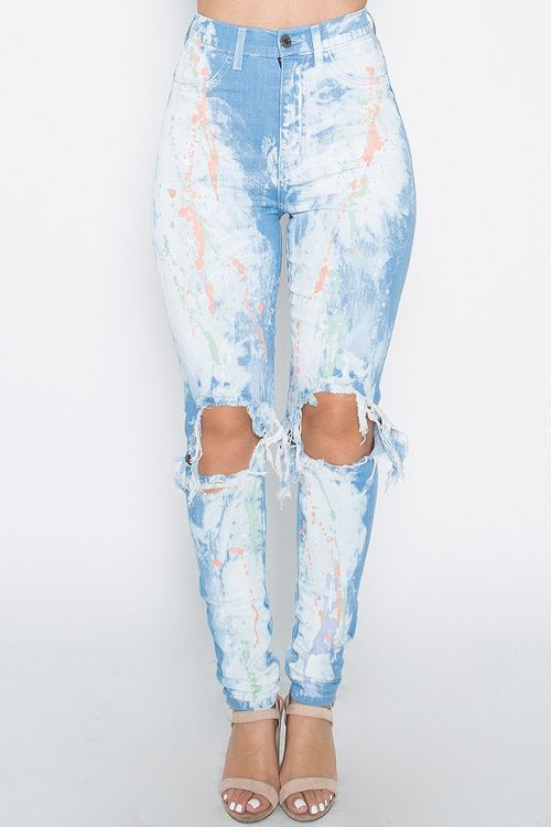 Festive paint bleach cutout high rise jeans