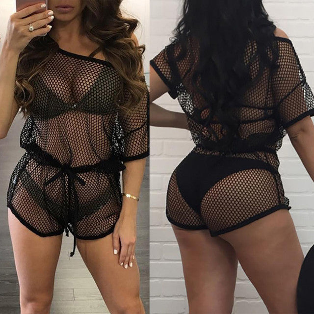 Fishnet short romper bikini coverup jumpsuit