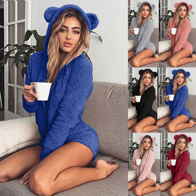 Fluffy comfy bear ears lounge one piece romper