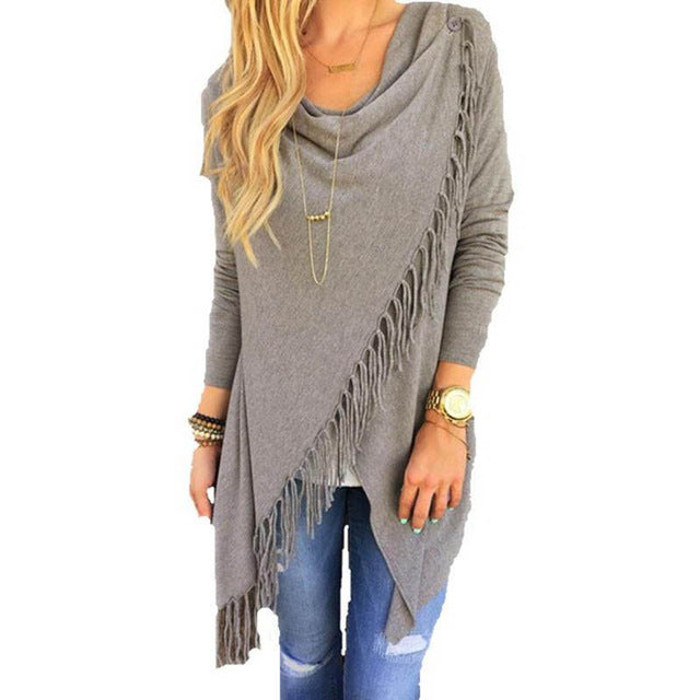 Fringe detail asymmetrical wrap sweater