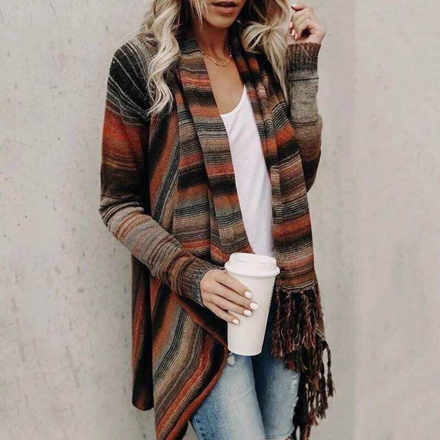 Fringe stripe wrap fashion sweater