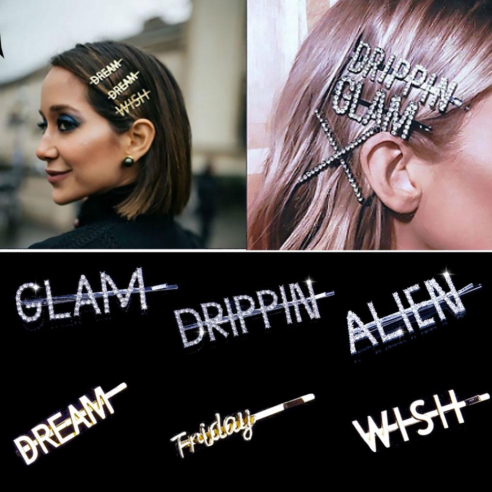 Glam luxury rhinestone hair clips diamond letter word hairpins