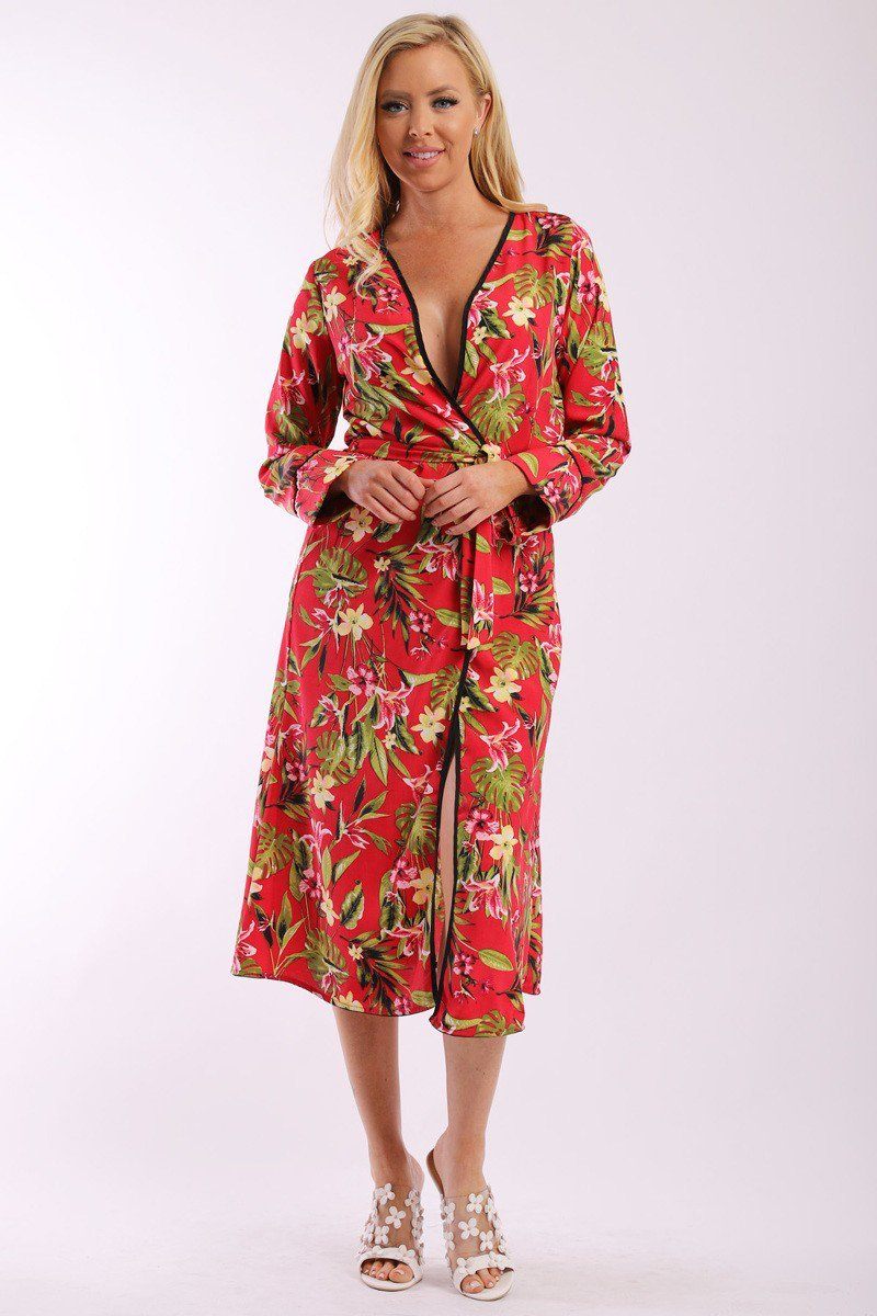 Floral Print Cardigan With Long Sleeves, Open Front, Matching Belt And Contrast Trim