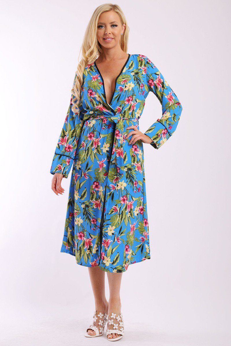 Floral Print Cardigan With Long Sleeves, Open Front, Matching Belt And Contrast Trim