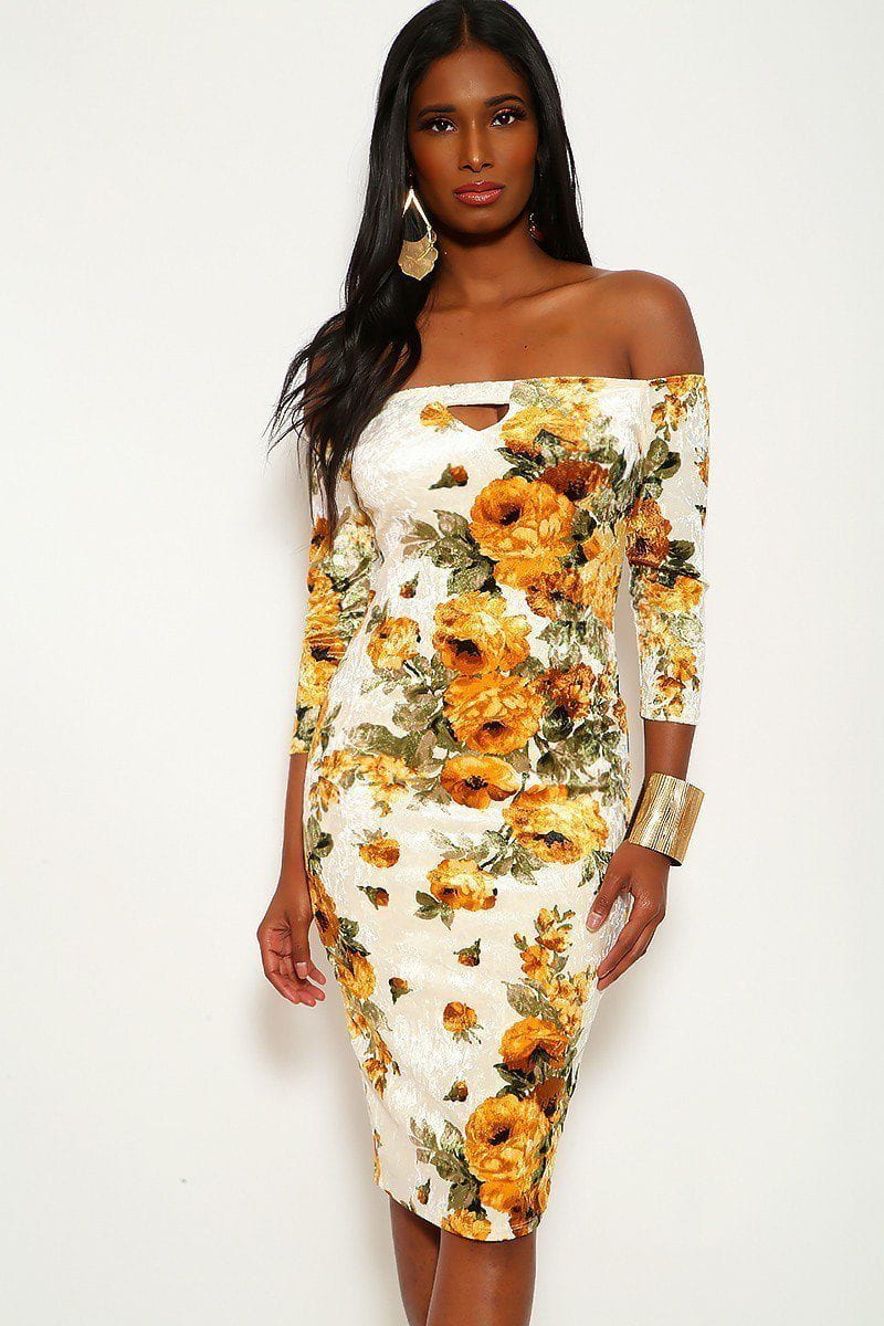 Crushed Velvet Floral Midi Dress With 3/4 Sleeves, Off The Shoulders Neckline And Keyhole In Bodycon Fit