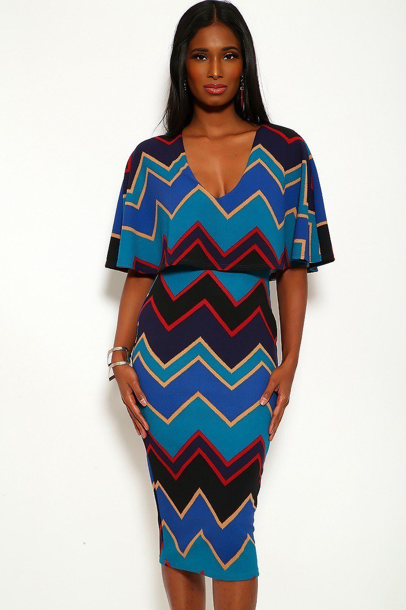 Chevron Print Midi Dress With Over The Shoulder Ruffle And V-neck