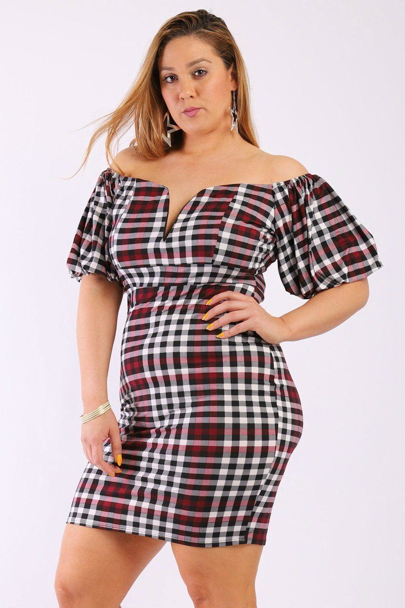 Burgundy Plus Size Plaid Puff Sleeve Bodycon Dress