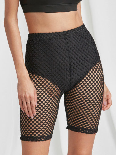 High waist fishnet mesh bike shorts