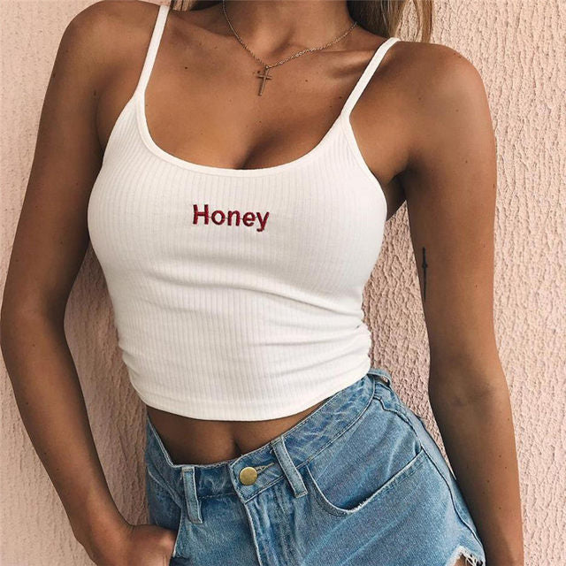 Honey text tank crop top