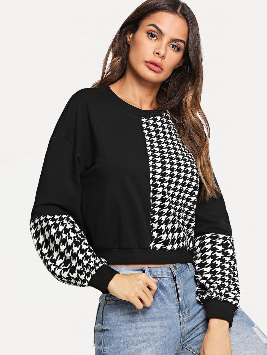 Houndstooth design long sleeve pullover sweatshirt