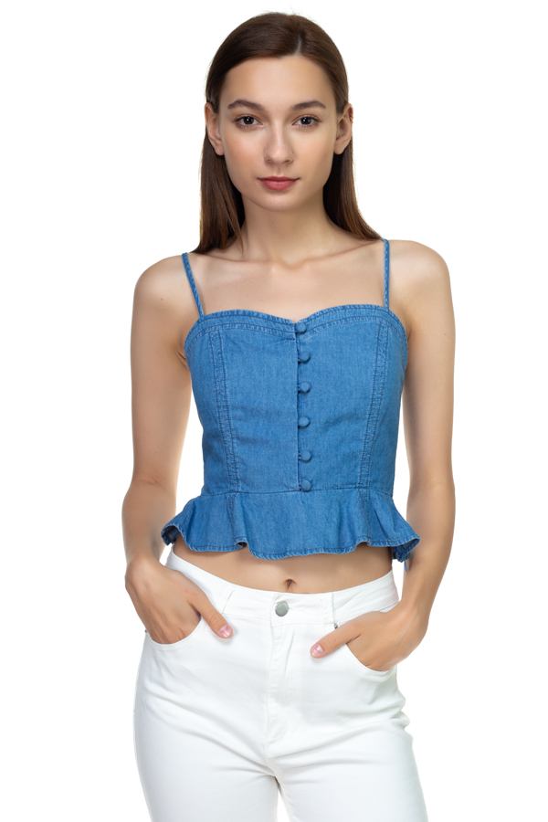 Denim Button Down Ruffle Crop Top