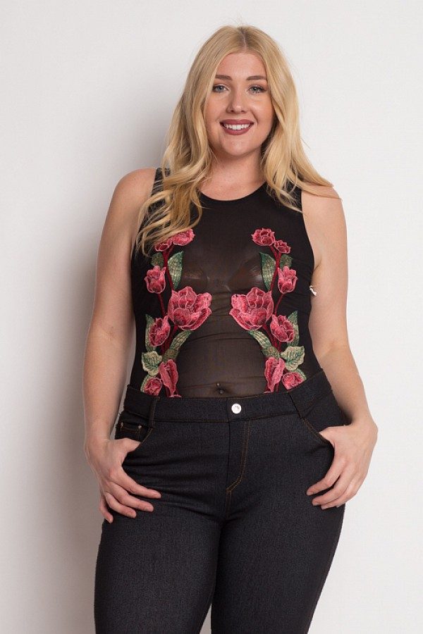 Floral Embroidery Mesh Bodysuit