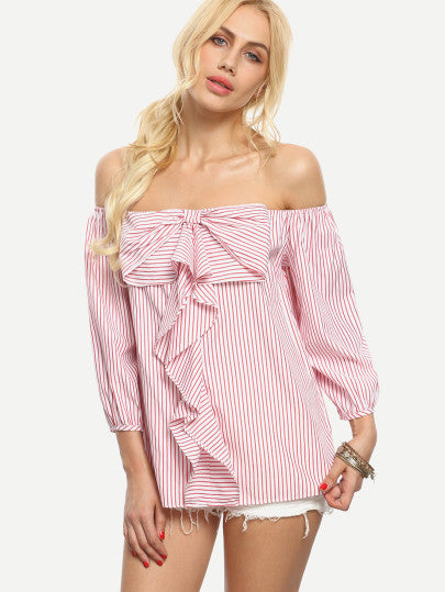 Ladies pink stripe bow detail blouse