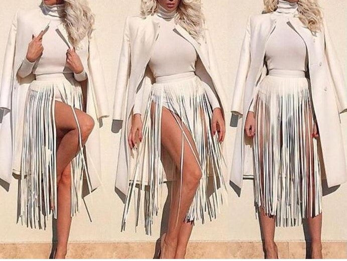 "social demand" faux leather fringe tassel long skirt belt