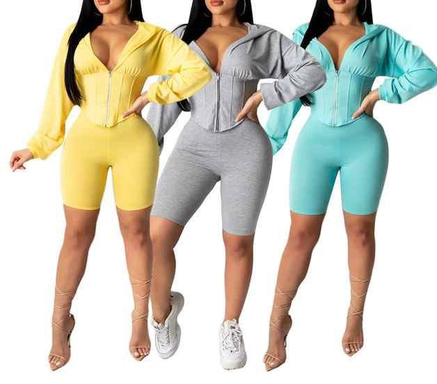 Trendy corset hoodie biker shorts sweatsuit set