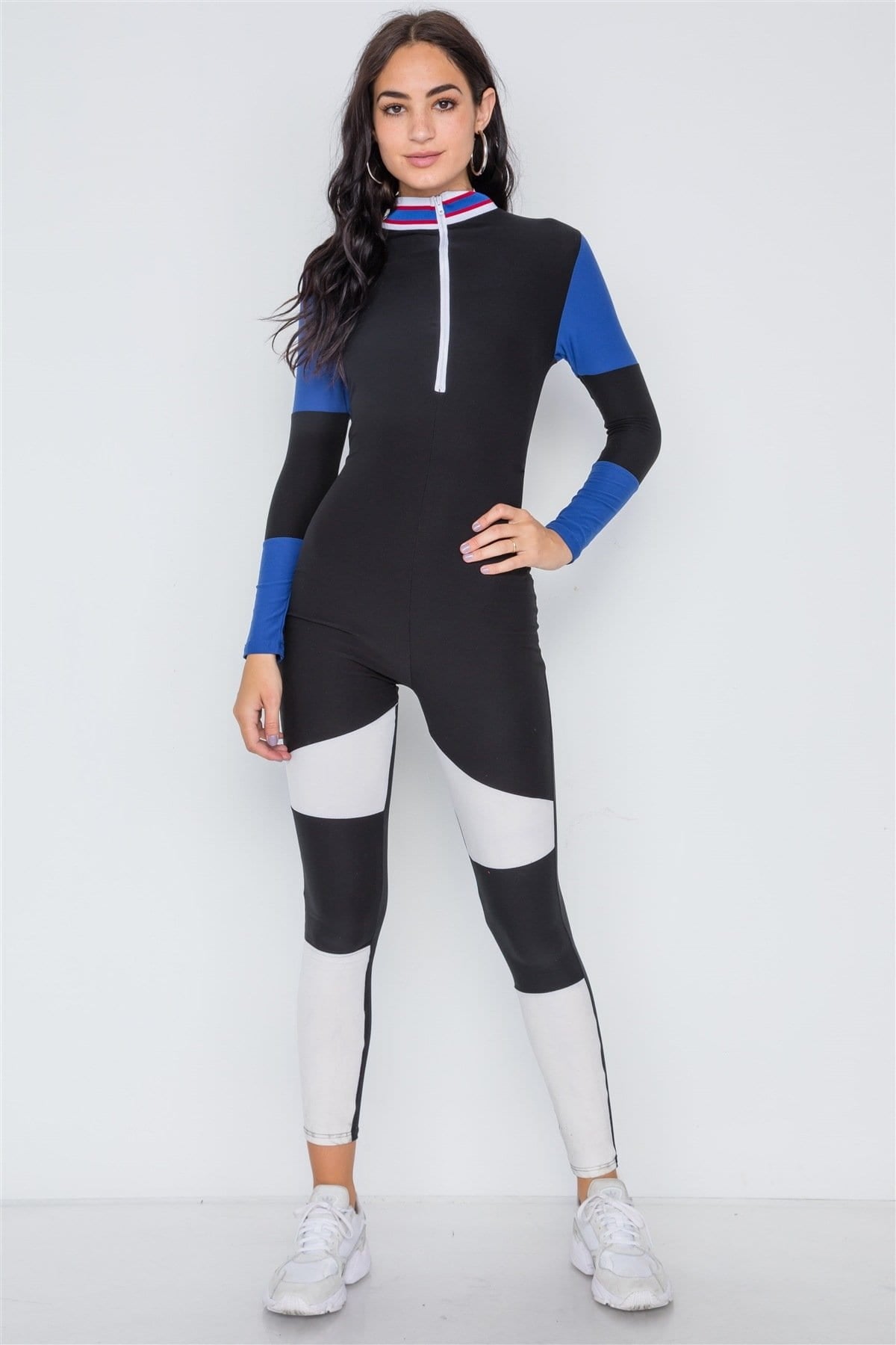 Blue Black Color Block Long Sleeve Zip-up Jumpsuit