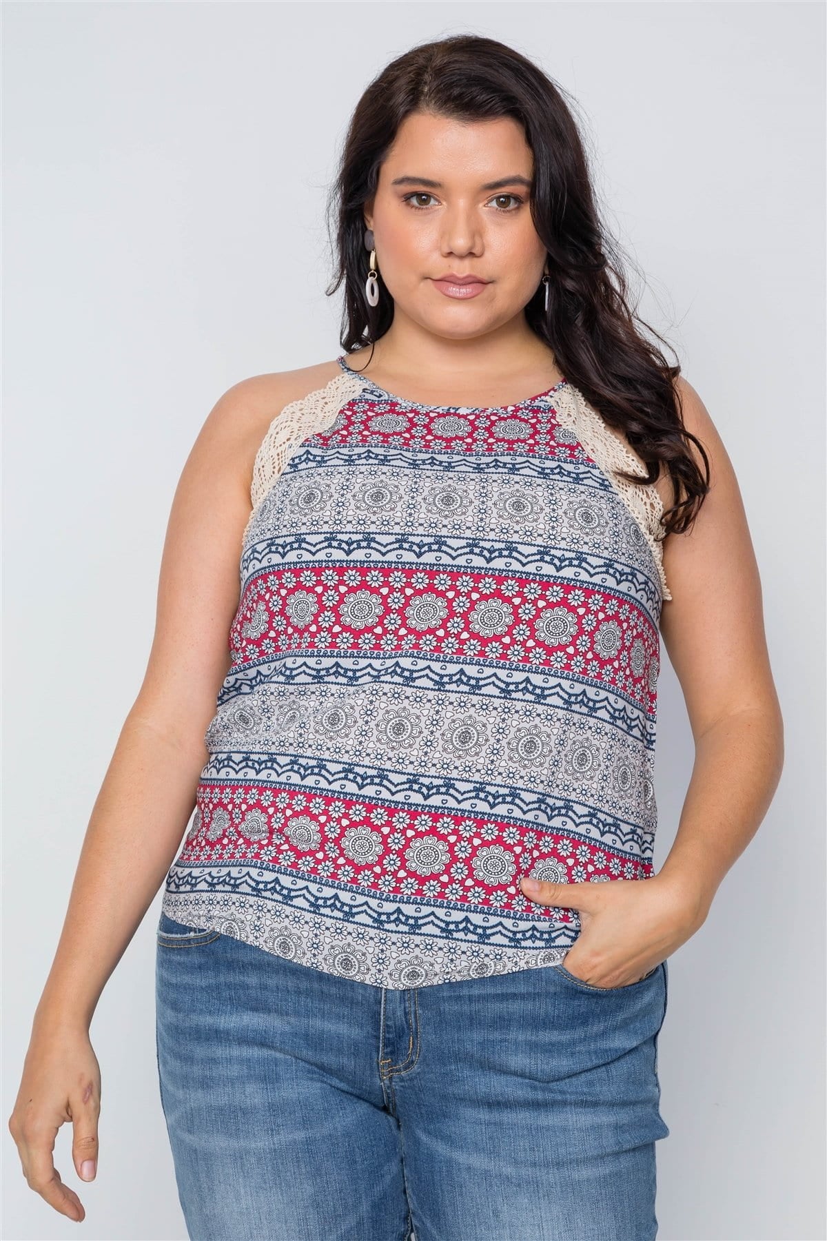 Plus Size Paisley Print Crochet Trim Cami Boho Top