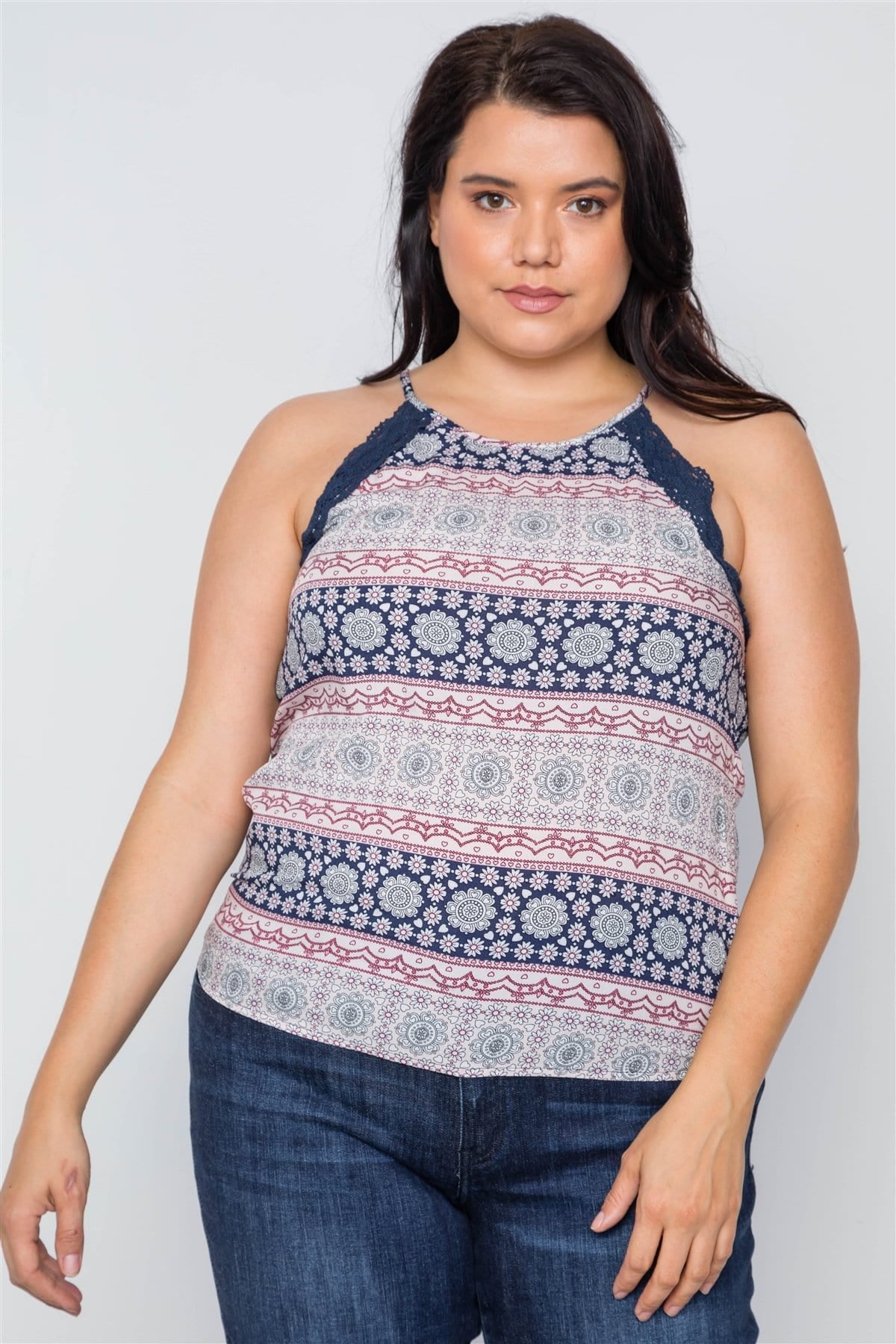 Plus Size Paisley Print Crochet Trim Cami Boho Top