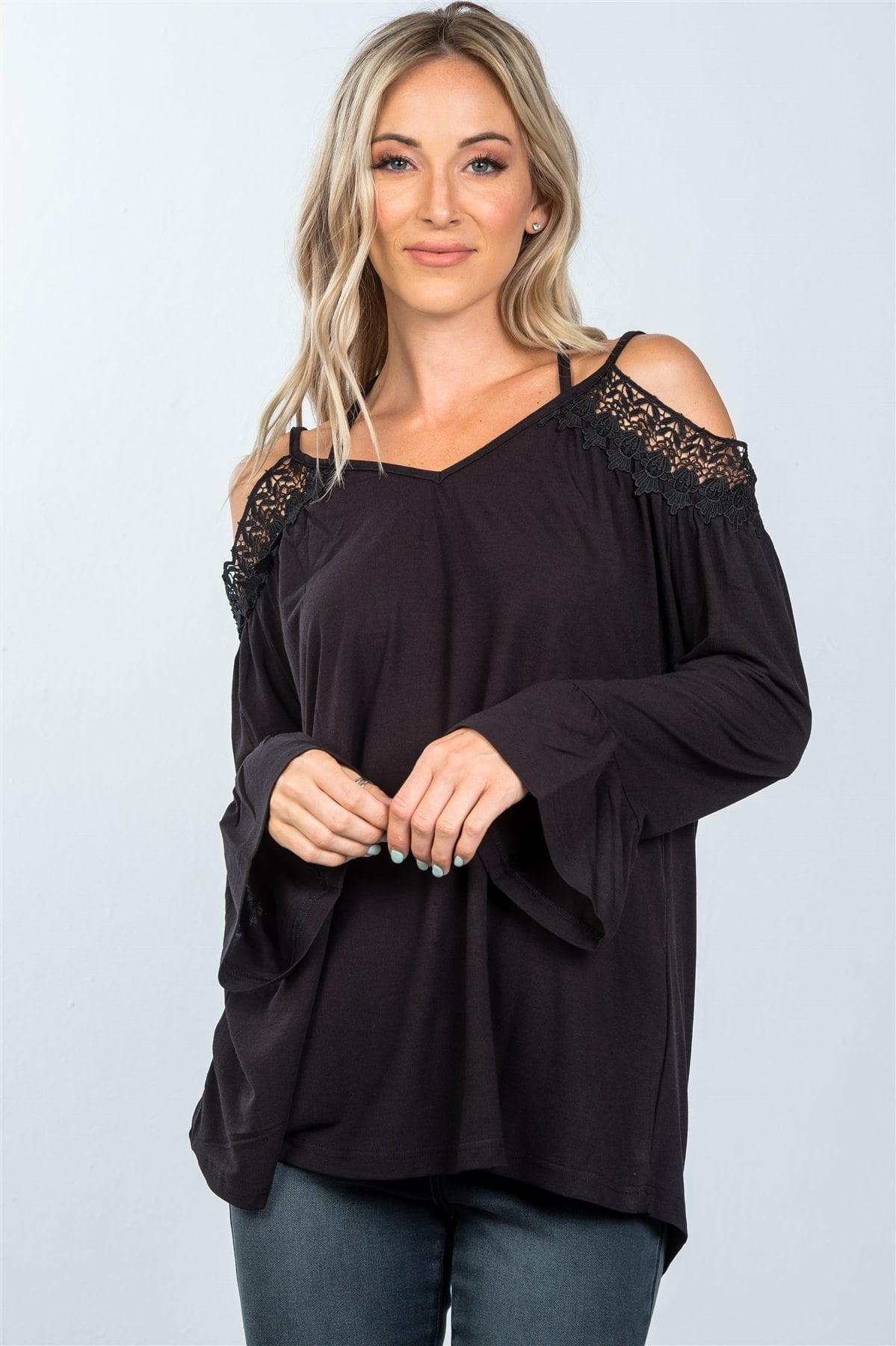 Boho cold shoulder crochet back-cross top