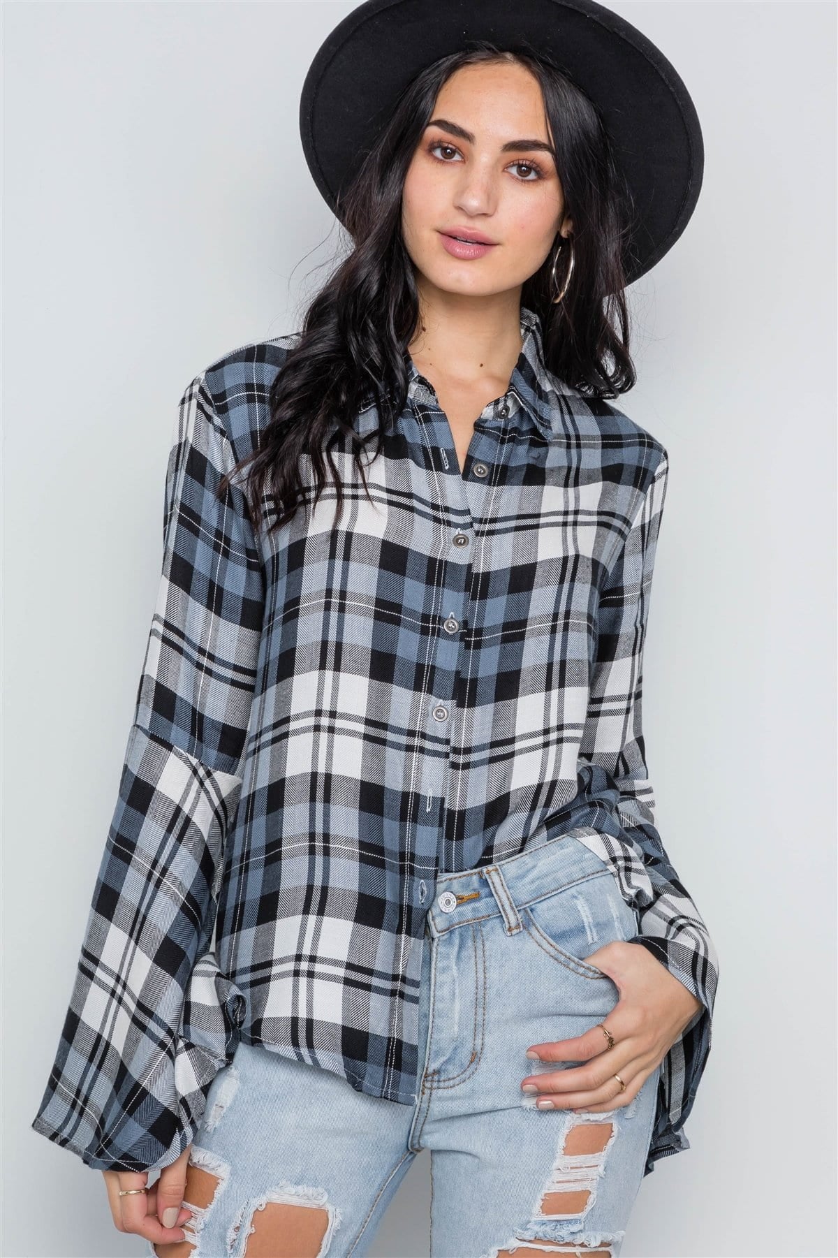 blue Plaid Button Down Bell Sleeve Top