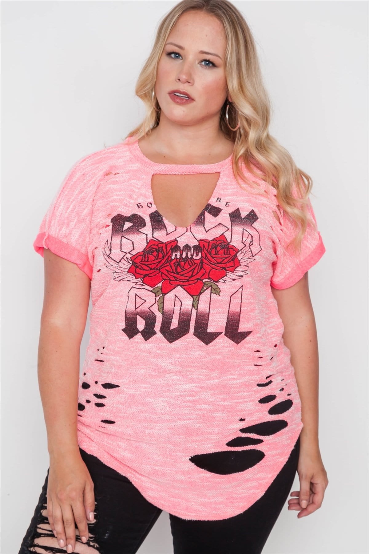 Plus Size Rock And Roll Graphic Cut-out Top