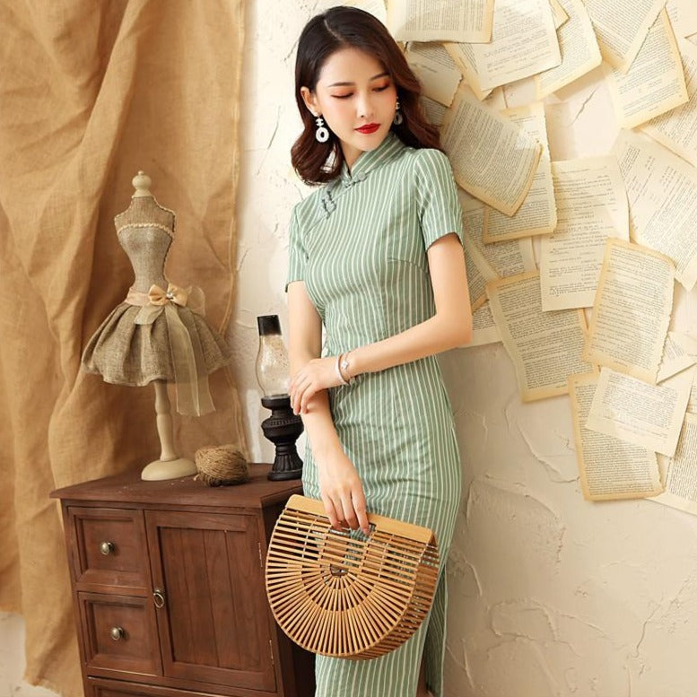 1930's Shanghai Style Cheongsam Striped Chinese Dress