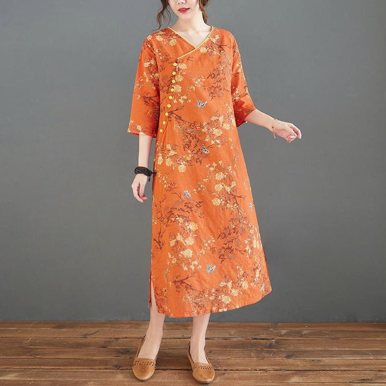 2/3 Sleeve V Neck Hanfu Floral Causal Dress Traiditonal Chinese Costume