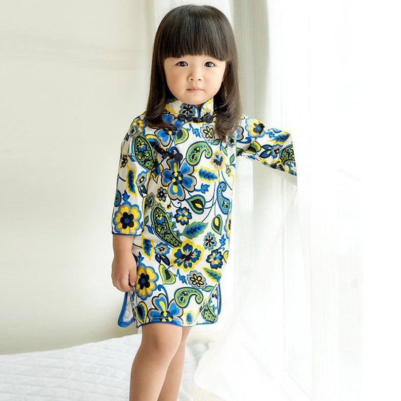 3/4 Sleeve 100% Cotton Floral Kid's Cheongsam Dress