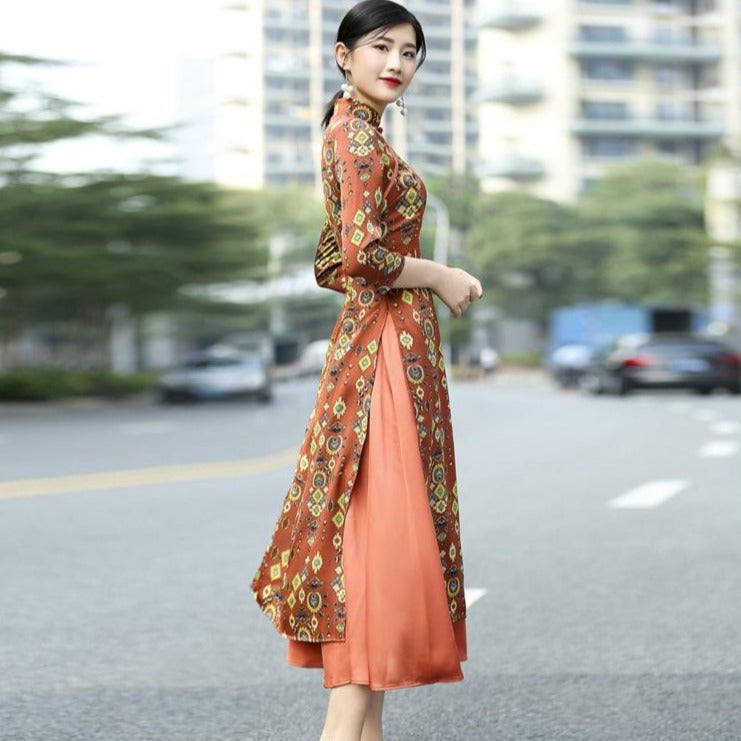 3/4 Sleeve Auspicious Pattern Cheongsam Top Tea Length Ao Dai Dress