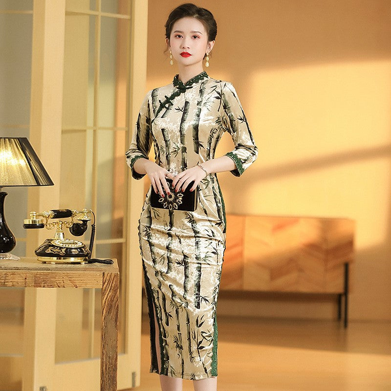 3/4 Sleeve Bamboo Pattern Velvet Cheongsam Chinese Dress with Lace Edge