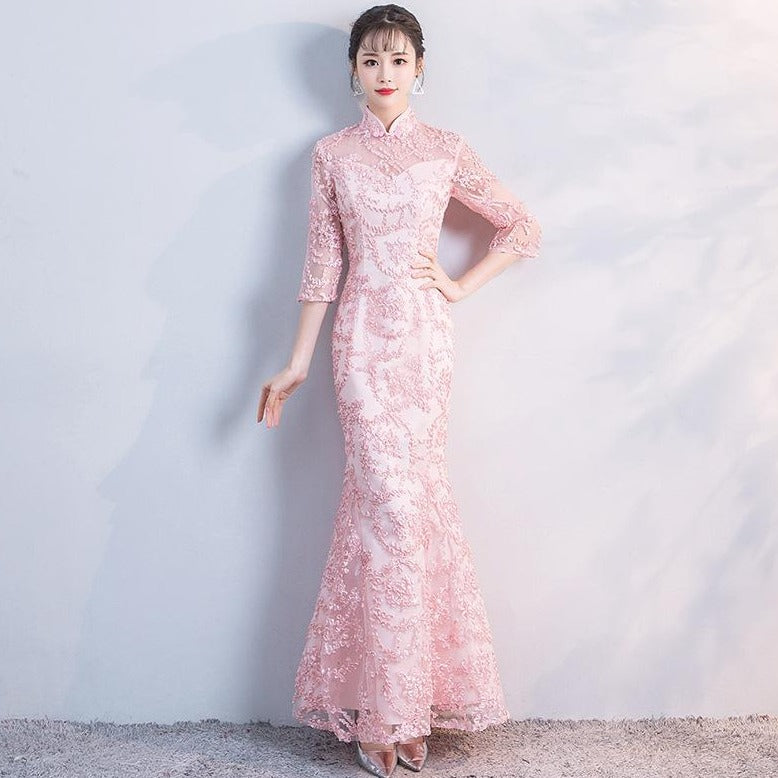 3/4 Sleeve Cheongsam Top Mermaid Evening Dress with Floral Appliques