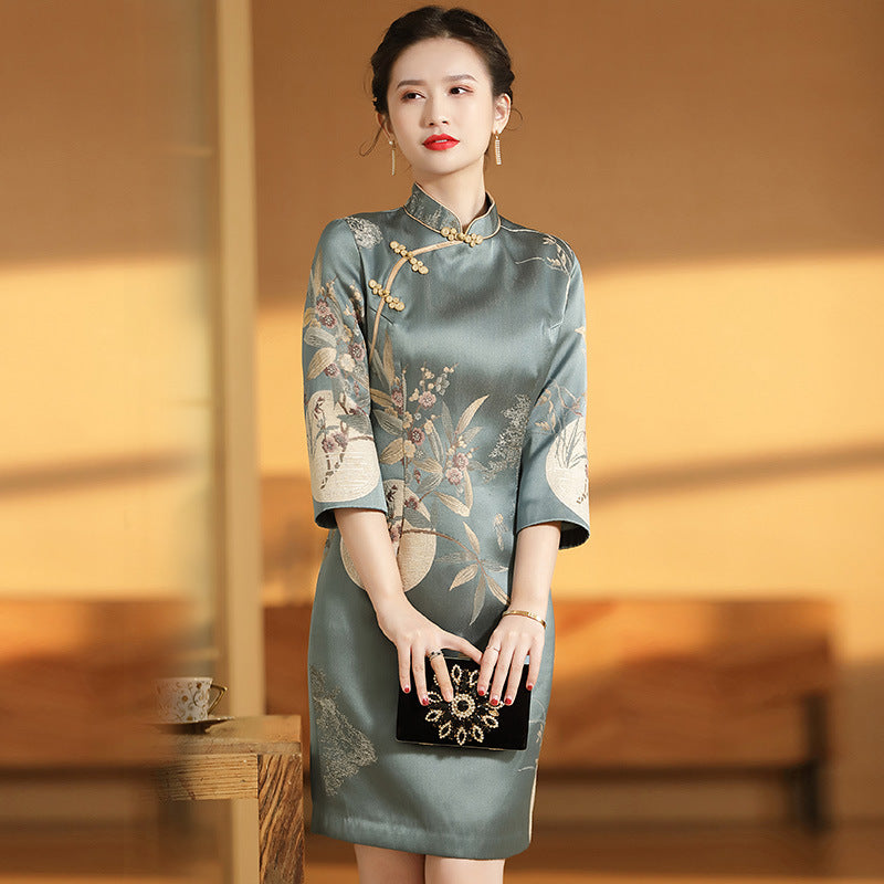 3/4 Sleeve Floral Brocade Knee Length Cheongsam Chinese Dress