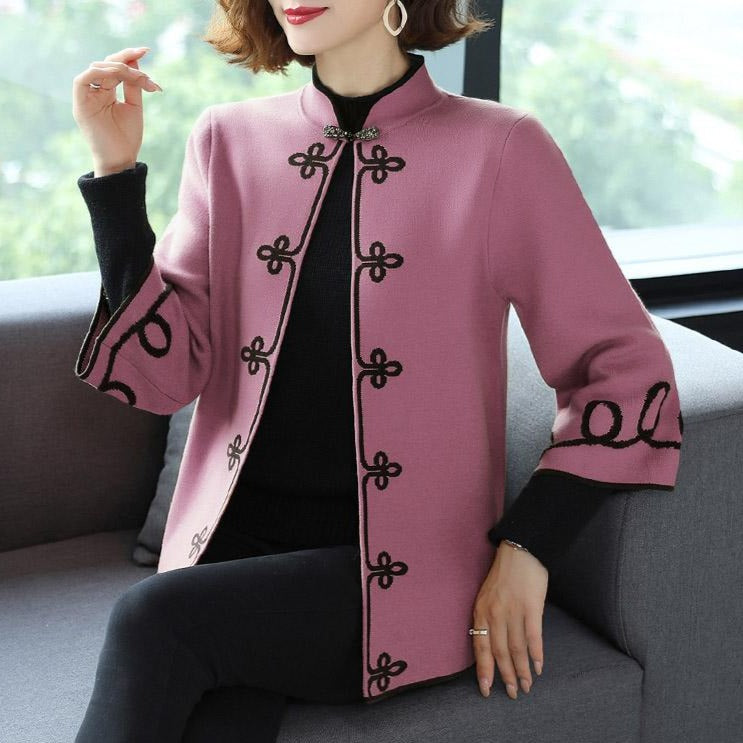 3/4 Sleeve Floral Embroidery Chinese Style Knit Coat Shawl