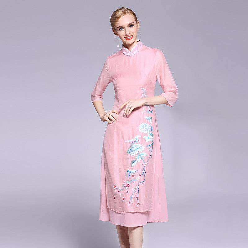 3/4 Sleeve Floral Embroidery Signature Cotton Tea Length Ao Dai Dress