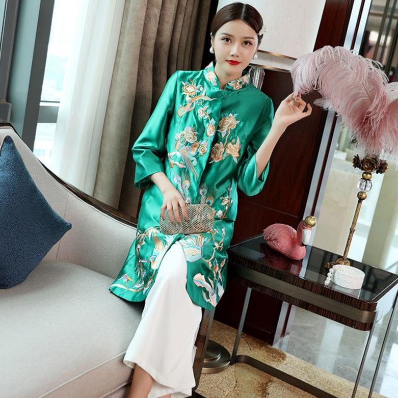 3/4 Sleeve Floral Embroidery Taffeta Chinese Wind Coat Han Costume