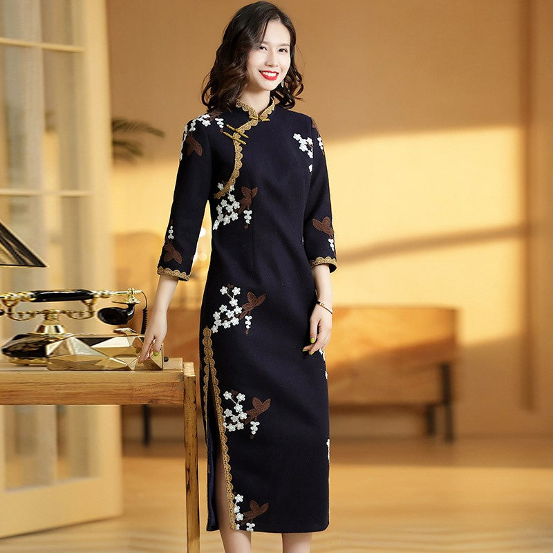 3/4 Sleeve Floral Embroidery Tea Length Wool Cheongsam Chinese Dress