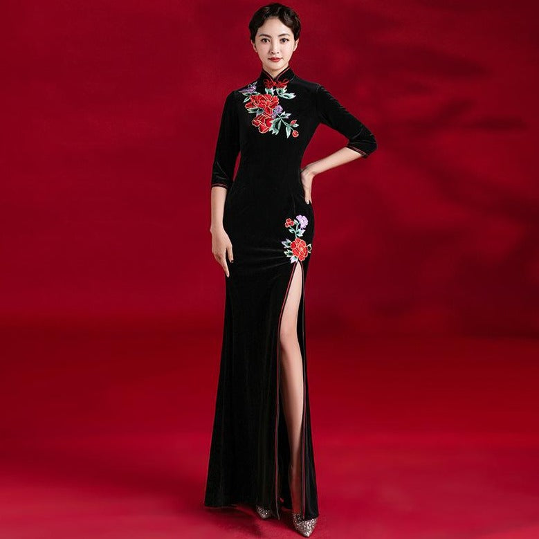 3/4 Sleeve Floral Embroidery Velvet Cheongsam Mermaid Evening Dress