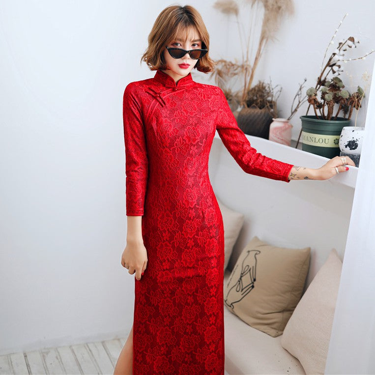 3/4 Sleeve Floral Lace Modern Cheongsam Tea Length Chinese Dress