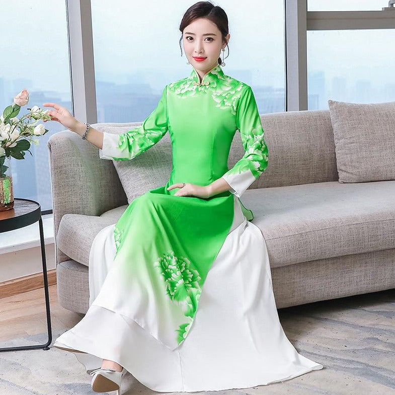 3/4 Sleeve Floral Print Full Length Chiffon Ao Dai Dress