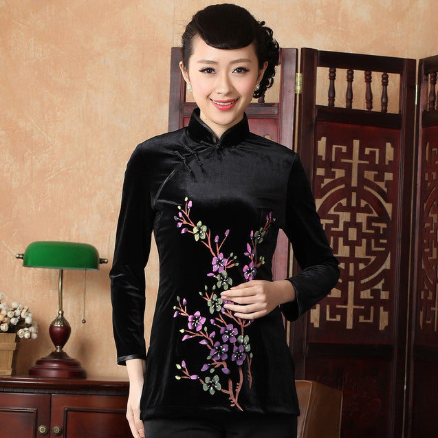 3/4 Sleeve Floral Print Velvet Cheongsam Top Chinese Shirt