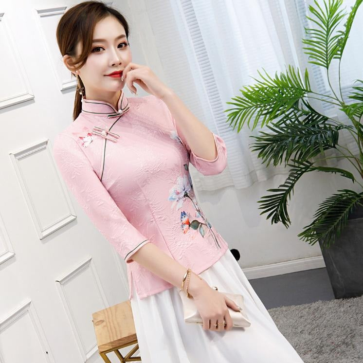 3/4 Sleeve Floral Spandex Cheongsam Top Retro Chinese Blouse