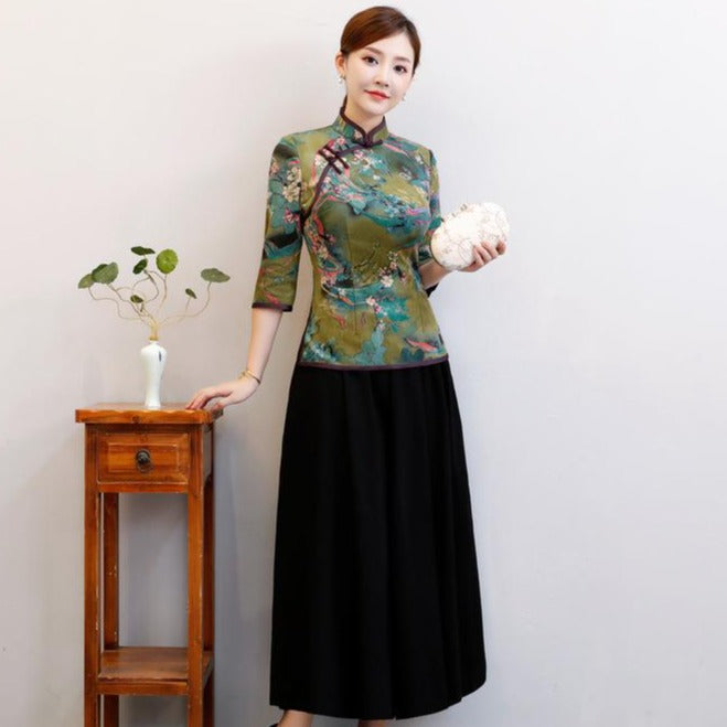 3/4 Sleeve Floral Suede Cheongsam Top Chinese Blouse